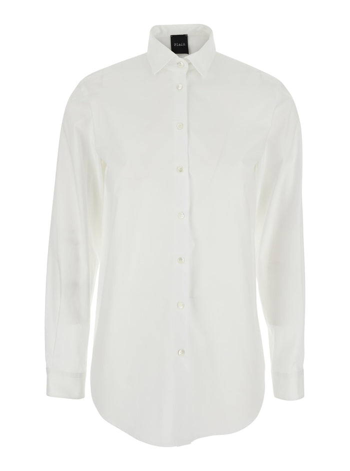 White Shirt with Classic Collar and Curved Hem in Cotton Woman Blouses