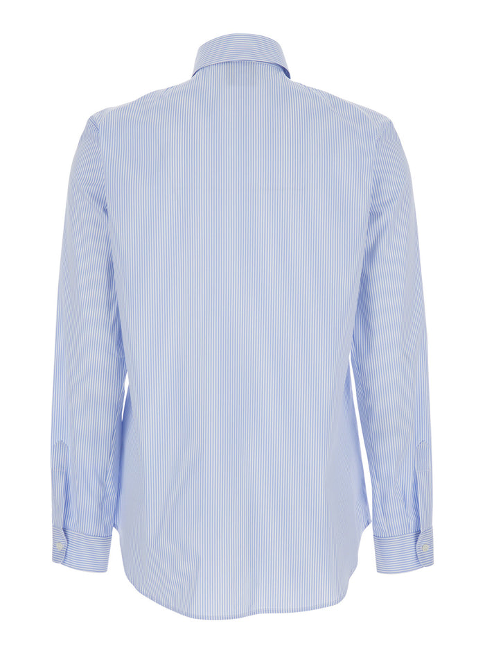 Light Blue Shirt with Classic Collar and Curved Hem in Cotton Woman Polyamide Elastane Blouses