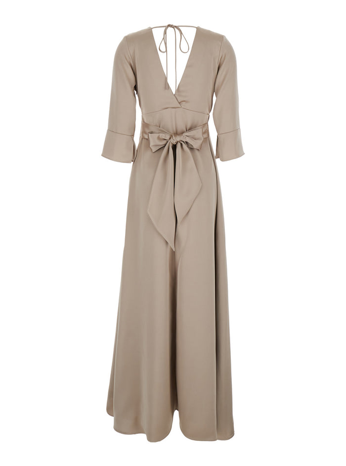Beige Maxi Dress with Front and Rear V Neck Bow on the in Cady Woman Polyester
