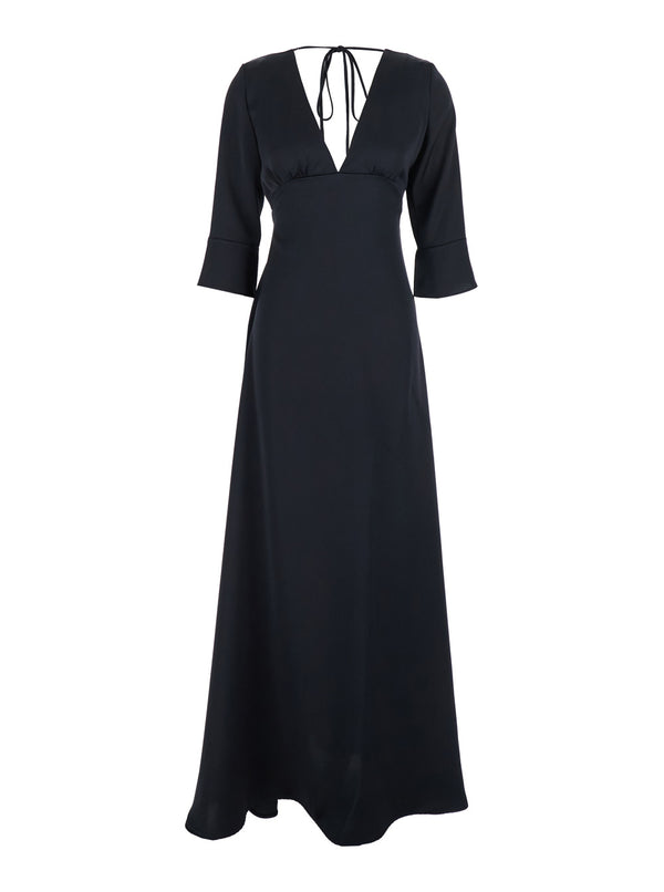Black Maxi Dress With V Neck And Bow Polyester
