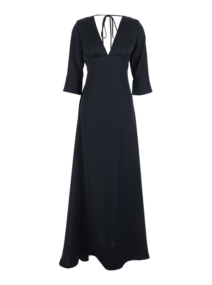 Black Maxi Dress with Front and Rear V Neck Bow on the in Cady Woman Blu Polyester