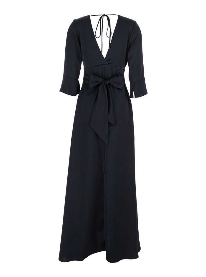 Black Maxi Dress with Front and Rear V Neck Bow on the in Cady Woman Blu Polyester