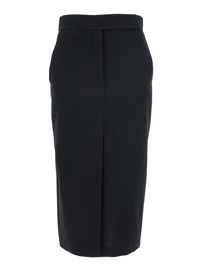 Black Long Skirt with Concealed Front Closure and Rear Single Slit in Fabric Woman Cotton Polyester
