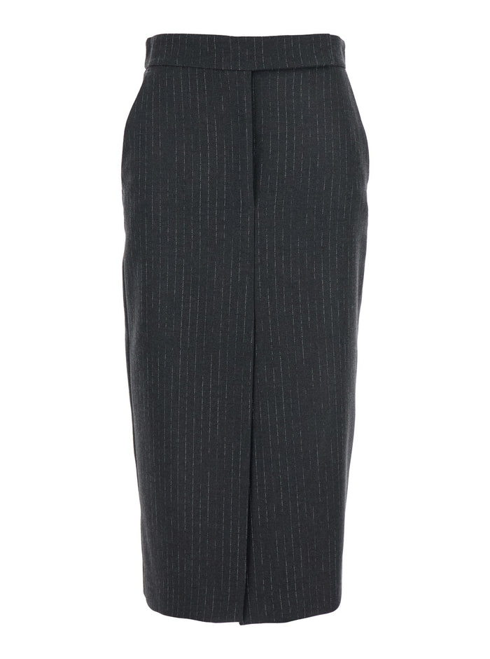 Grey Skirt with Front and Rear Slit All-Over Striped Motif in Wool Blend Woman Polyester Viscose Elastane