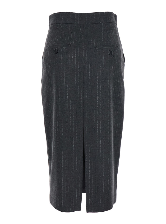 Grey Skirt with Front and Rear Slit All-Over Striped Motif in Wool Blend Woman Polyester Viscose Elastane