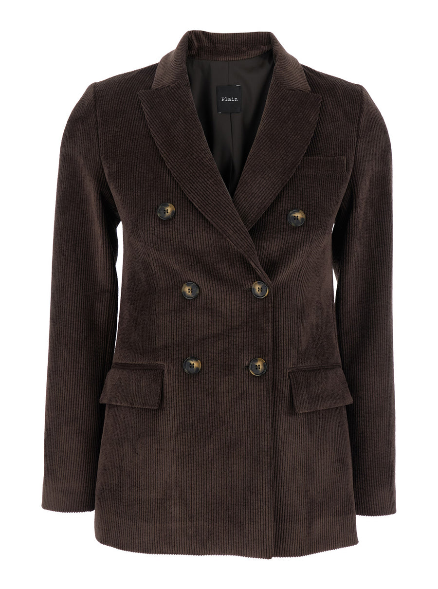 Brown Double-Breasted Ribbed Velvet Jacket Polyester Blazers
