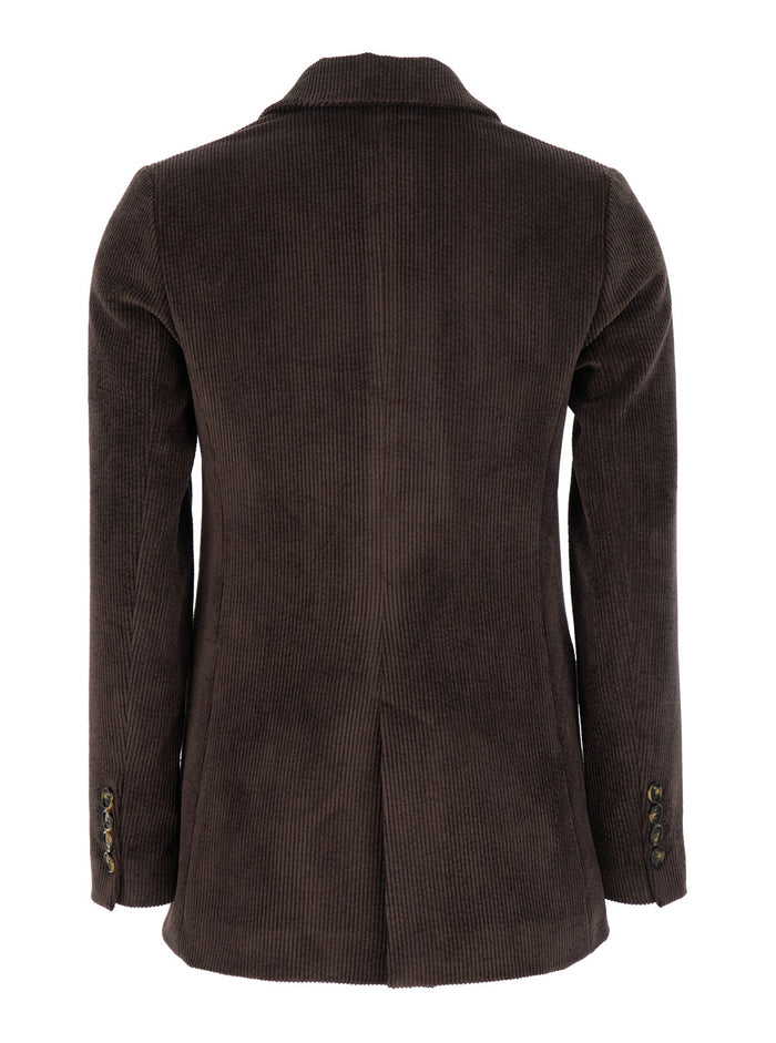 Brown Double-Breasted Jacket with Peak Revers in Ribbed Velvet Woman Polyester Nylon Elastane Blazers