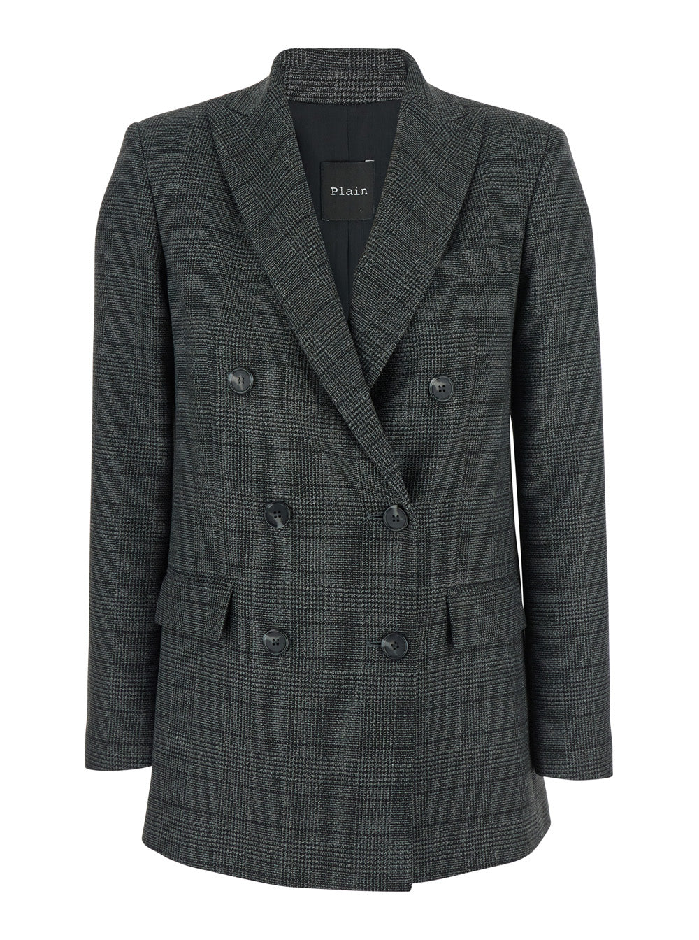 Grey Double-Breasted Jacket with Peak Revers and All-Over Striped Motif in Wool Woman Polyester Viscose Elastane Blazers