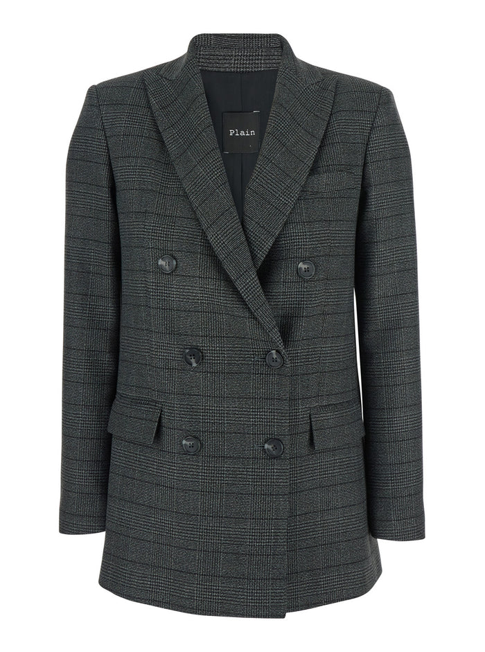 Grey Double-Breasted Jacket with Peak Revers and All-Over Striped Motif in Wool Woman Polyester Viscose Elastane Blazers