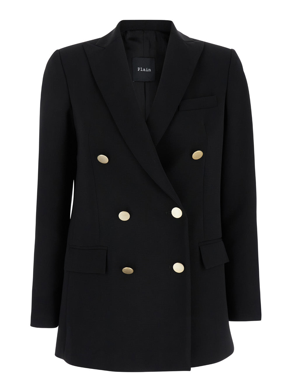 Black Double-Breasted Jacket with Golden Buttons in Cady Woman Polyester Elastane Blazers