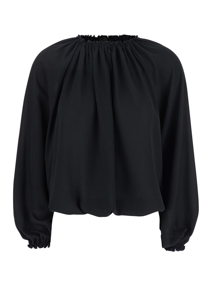 Black Top with Dropped Shoulders and Curlsin Fabric Woman Polyester Tops