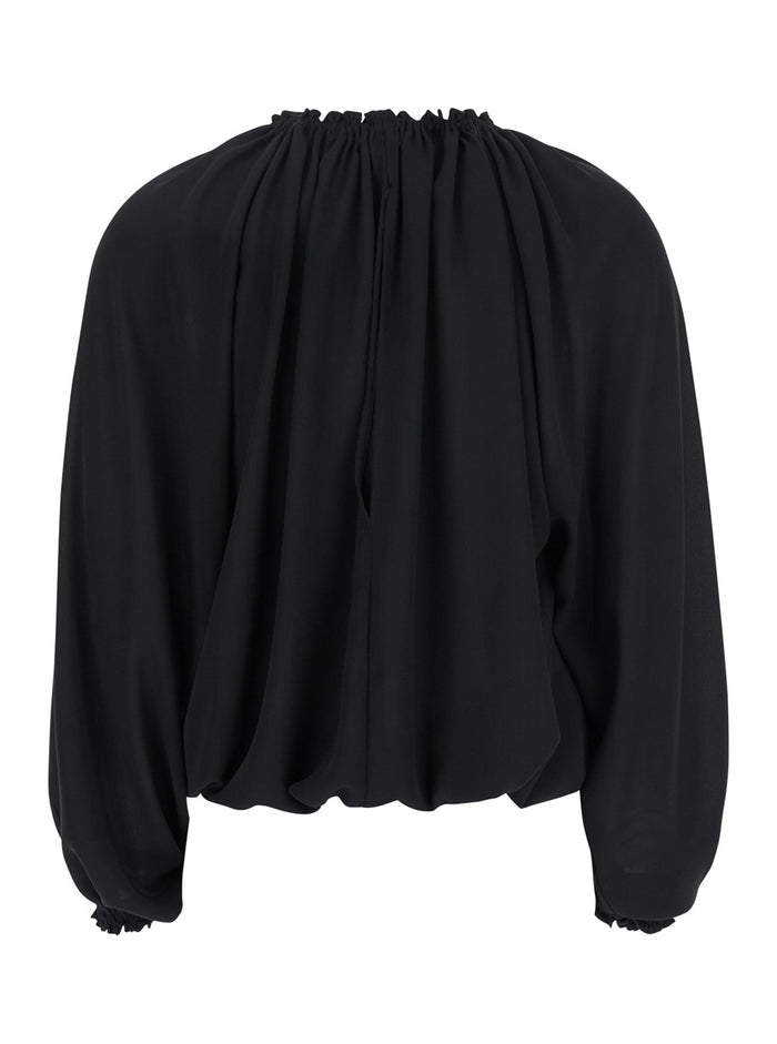 Black Top with Dropped Shoulders and Curlsin Fabric Woman Polyester Tops