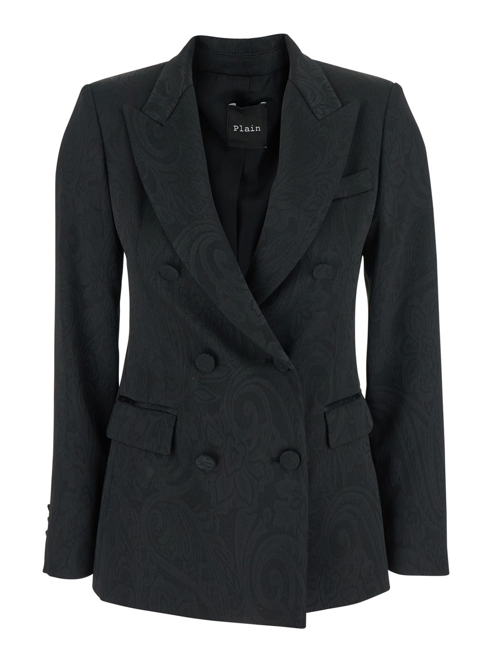Black Double-breasted Jacket with Damask Effect in Wool Woman Polyester Polyamide Elastane Blazers