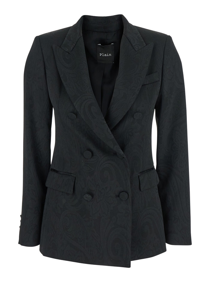 Black Double-breasted Jacket with Damask Effect in Wool Woman Polyester Polyamide Elastane Blazers