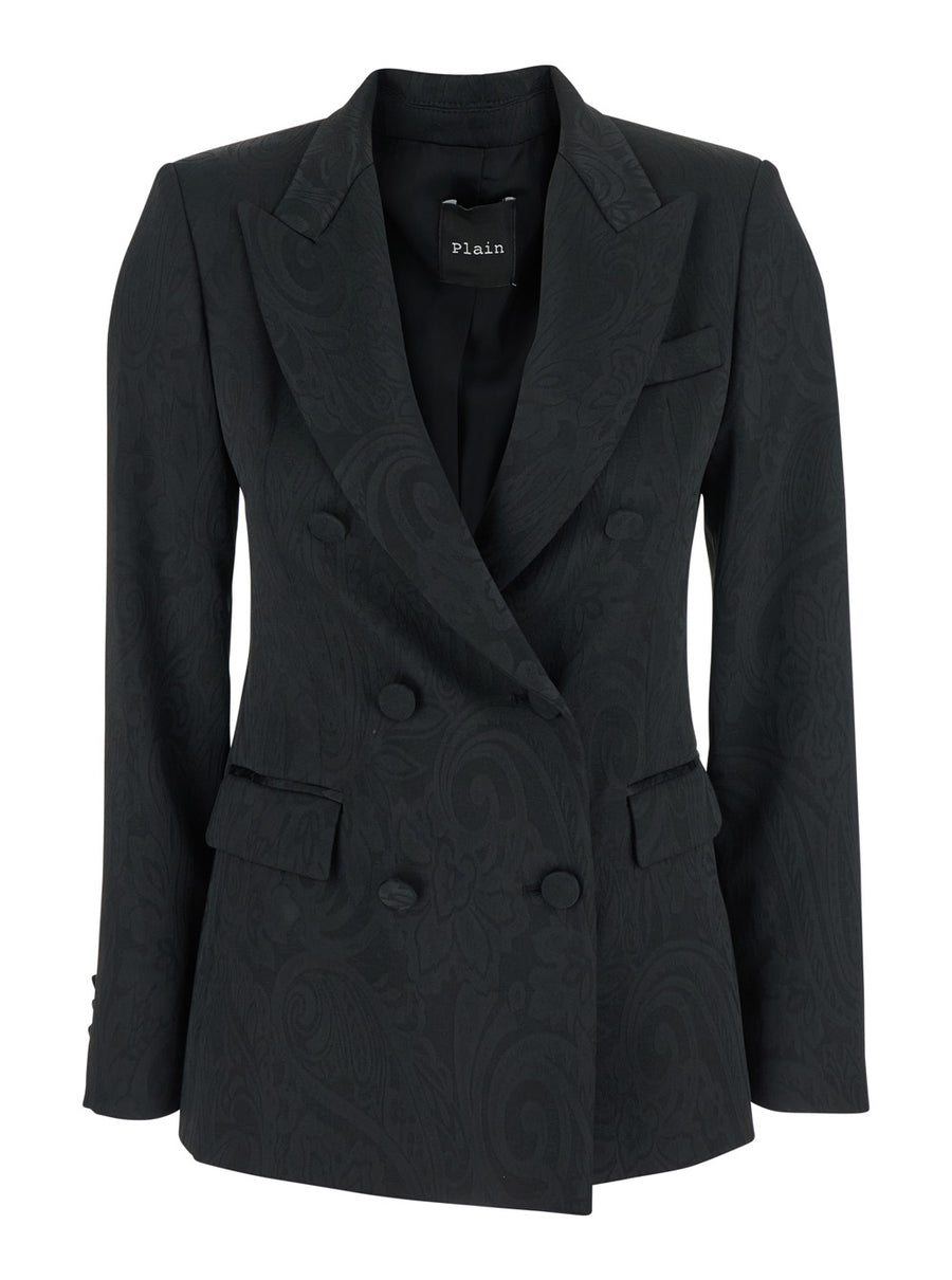 Black Double-Breasted Jacket With Damask Effect Polyester Blazers