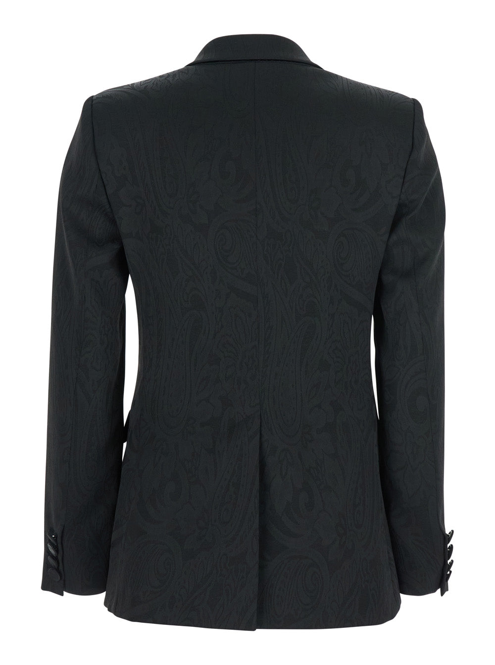 Black Double-breasted Jacket with Damask Effect in Wool Woman Polyester Polyamide Elastane Blazers