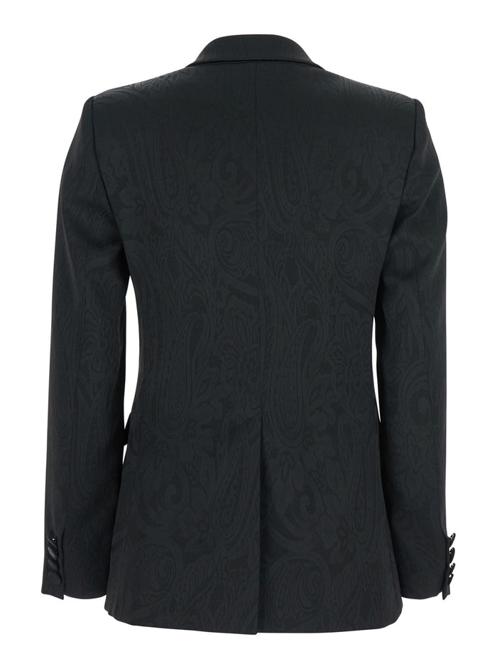 Black Double-breasted Jacket with Damask Effect in Wool Woman Polyester Polyamide Elastane Blazers