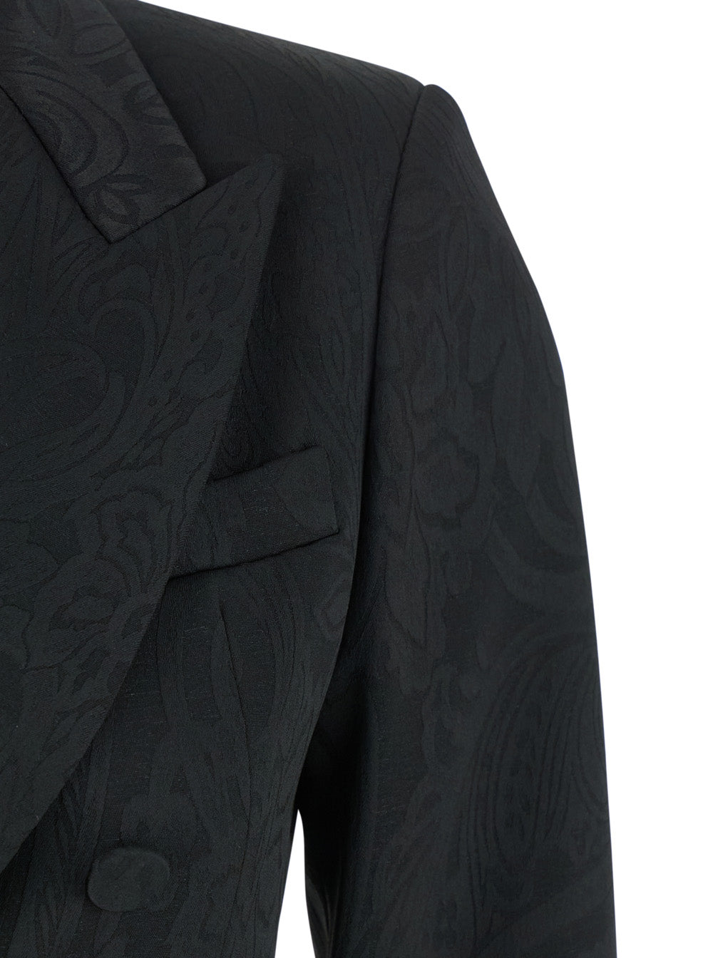 Black Double-breasted Jacket with Damask Effect in Wool Woman Polyester Polyamide Elastane Blazers