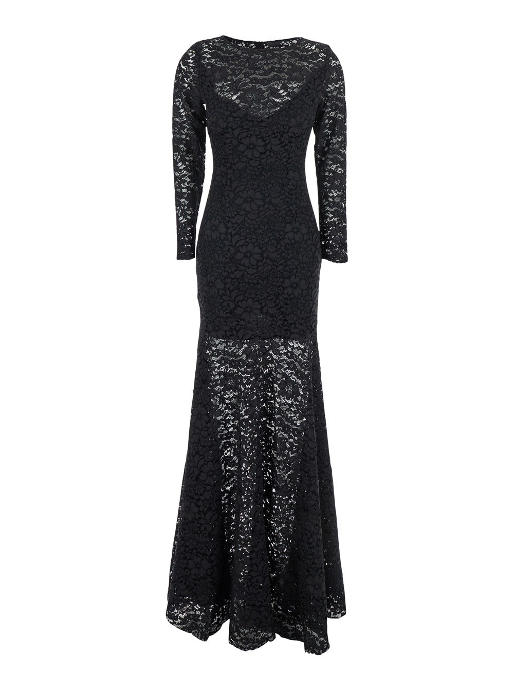 Black Maxi Dress with Rear Concealed Zip Closure and All-Over Embroidery in Lace Woman Cotton Silk