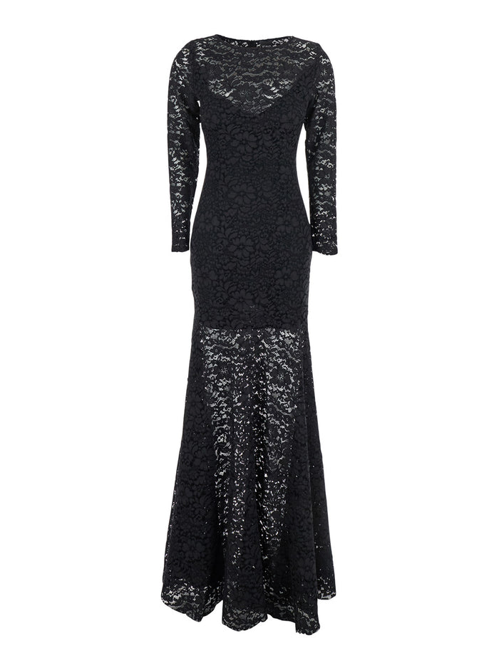 Black Maxi Dress with Rear Concealed Zip Closure and All-Over Embroidery in Lace Woman Cotton Silk