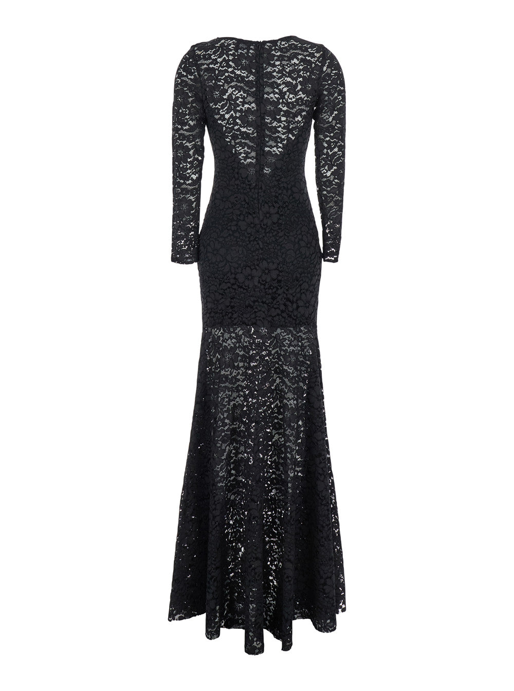 Black Maxi Dress with Rear Concealed Zip Closure and All-Over Embroidery in Lace Woman Cotton Silk