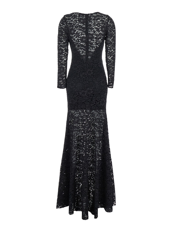 Black Maxi Dress with Rear Concealed Zip Closure and All-Over Embroidery in Lace Woman Cotton Silk