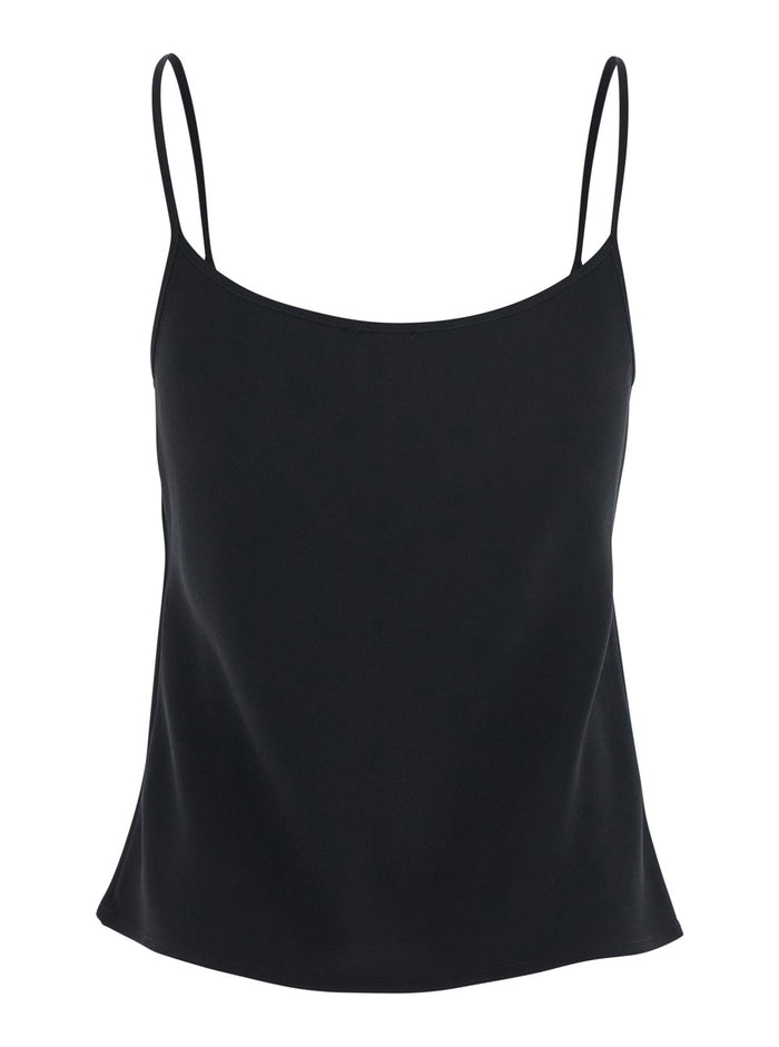 Black Top with Spaghetti Straps in Satin Woman Polyester Tops