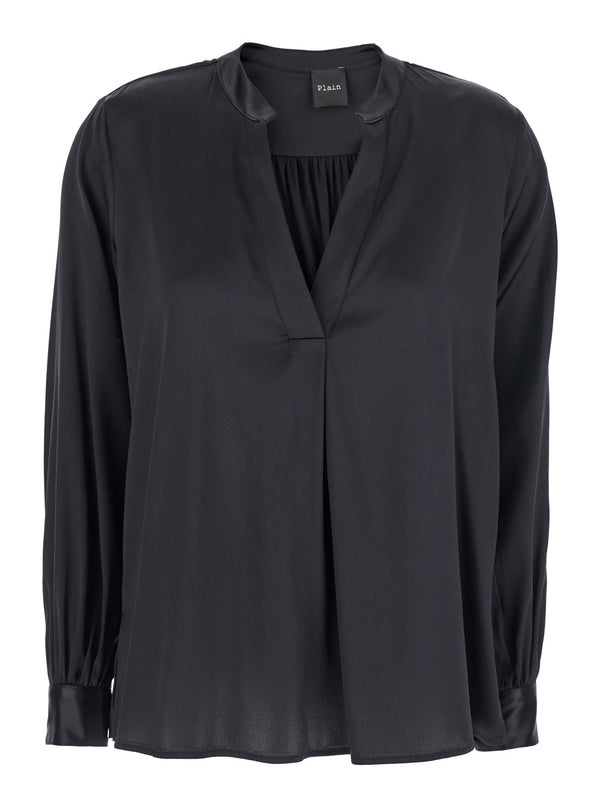 Silk Black Blouse With V Neck Blouses