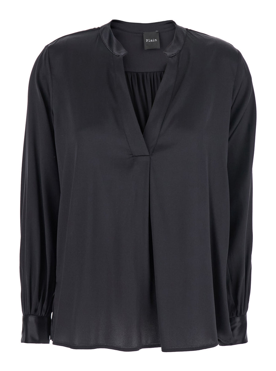 Silk Black Blouse With V Neck Blouses