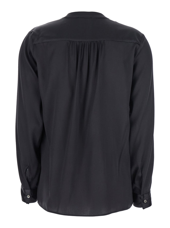 Black Blouse with V Neck and Buttoned Cuffs in Silk Woman Shirts Blouses
