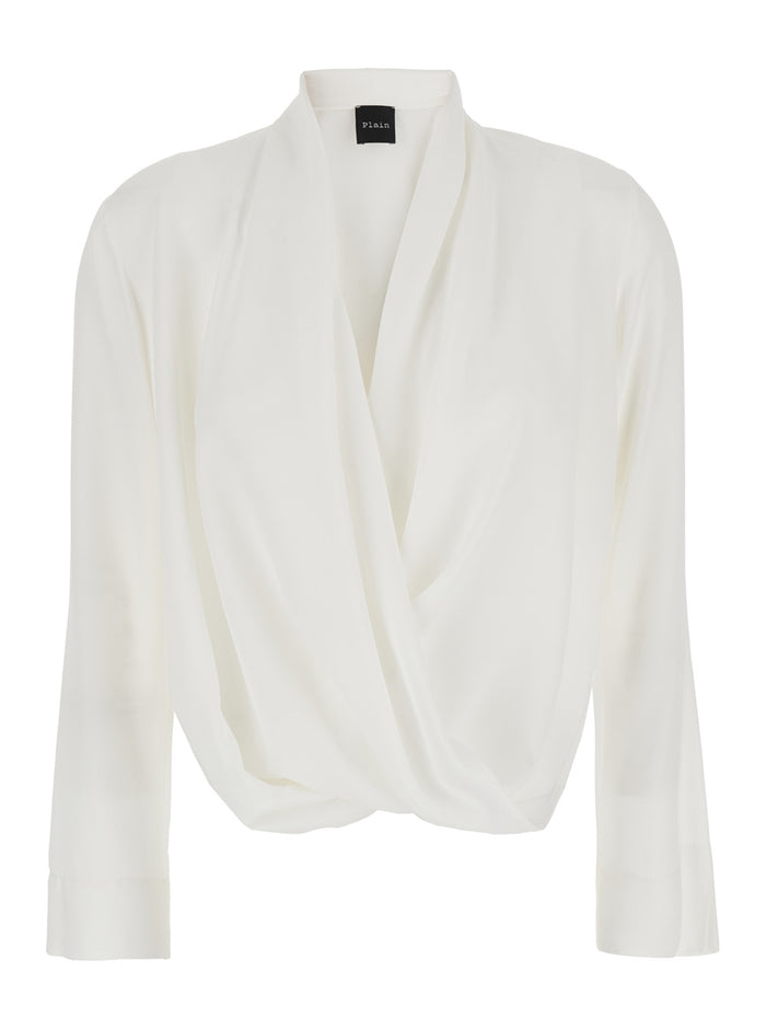 White Blouse with Front Neckline and Ruffles in Fabric Woman Acetate Silk Shirts Blouses