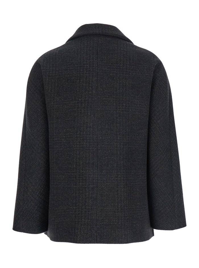 Brown Double-Breasted Jacket with Peak Revers and All-Over Check Motif in Wool Woman Outerwear