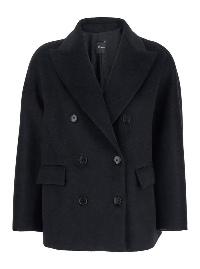 Black Double-Breasted Jacket with Peak Revers in Wool Woman Polyester Outerwear