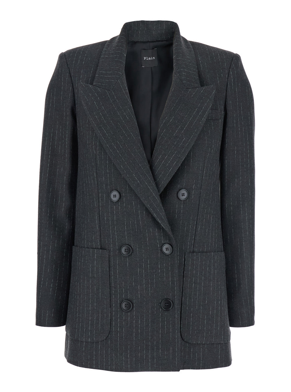 Grey Double-Breasted Jacket with Peak Revers and All-Over Striped Motif in Wool Blend Woman Polyester Viscose Elastane Blazers