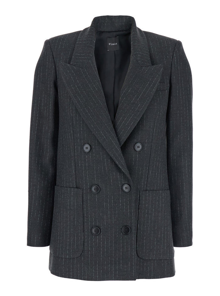 Grey Double-Breasted Jacket with Peak Revers and All-Over Striped Motif in Wool Blend Woman Polyester Viscose Elastane Blazers