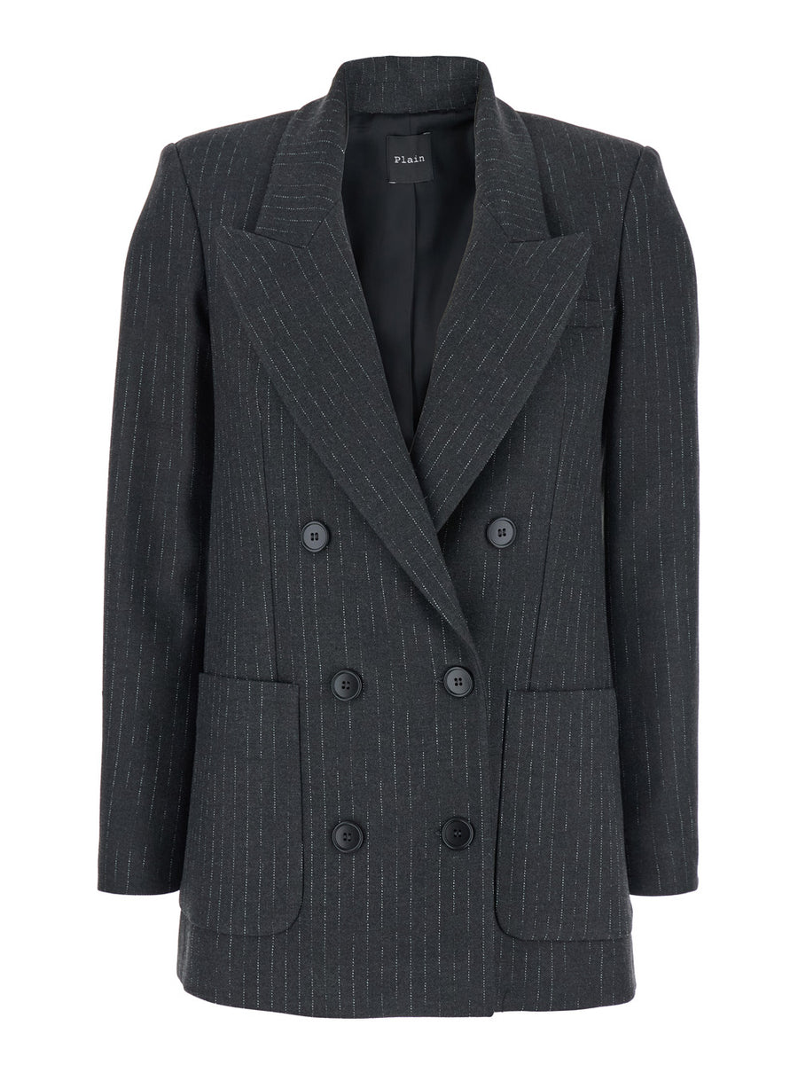 Grey Double-Breasted Wool Blend Jacket Polyester Blazers