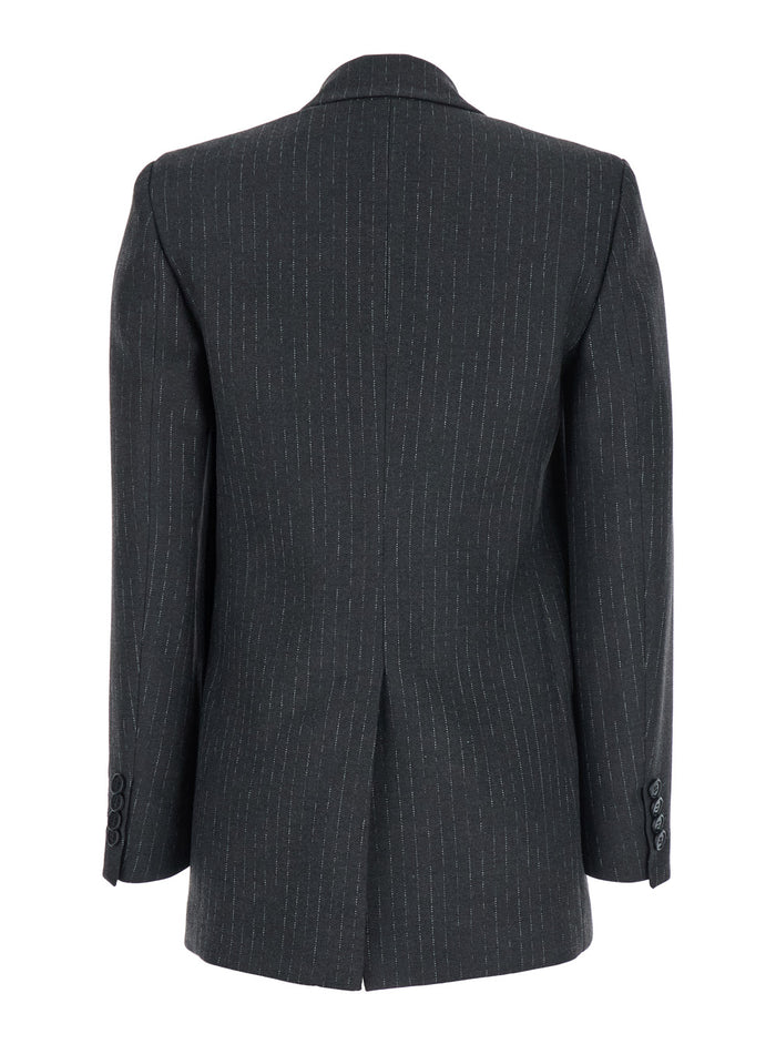 Grey Double-Breasted Jacket with Peak Revers and All-Over Striped Motif in Wool Blend Woman Polyester Viscose Elastane Blazers