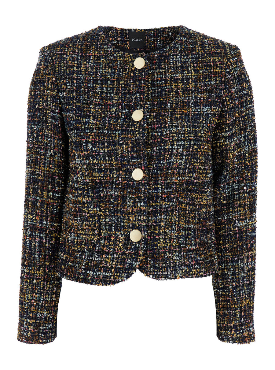 Multicolor Tweed Jacket With Round Neck Polyester Blazers