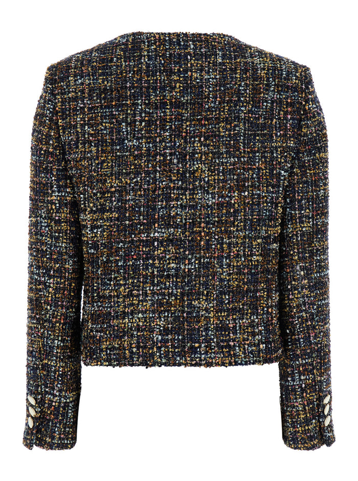Multicolor Jacket with Round Neck and Front Button Closure in Tweed Woman Polyester Acetate Blazers