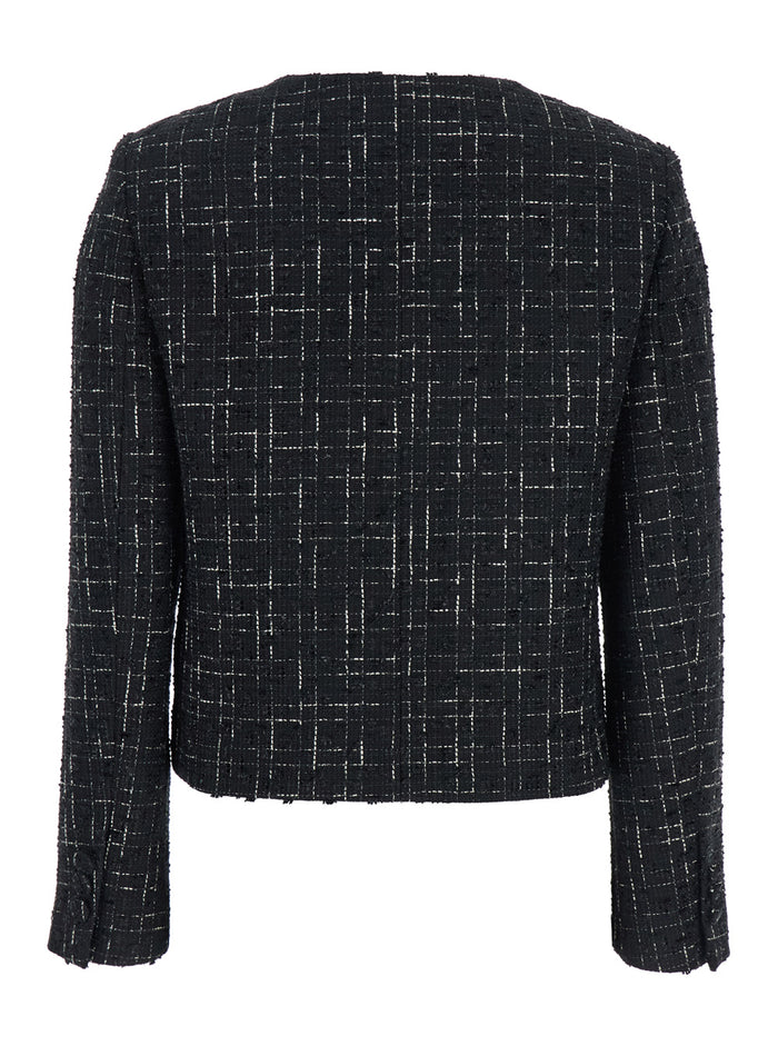 Black Jacket with Round Neck and Front Button Closure in Tweed Woman Blazers
