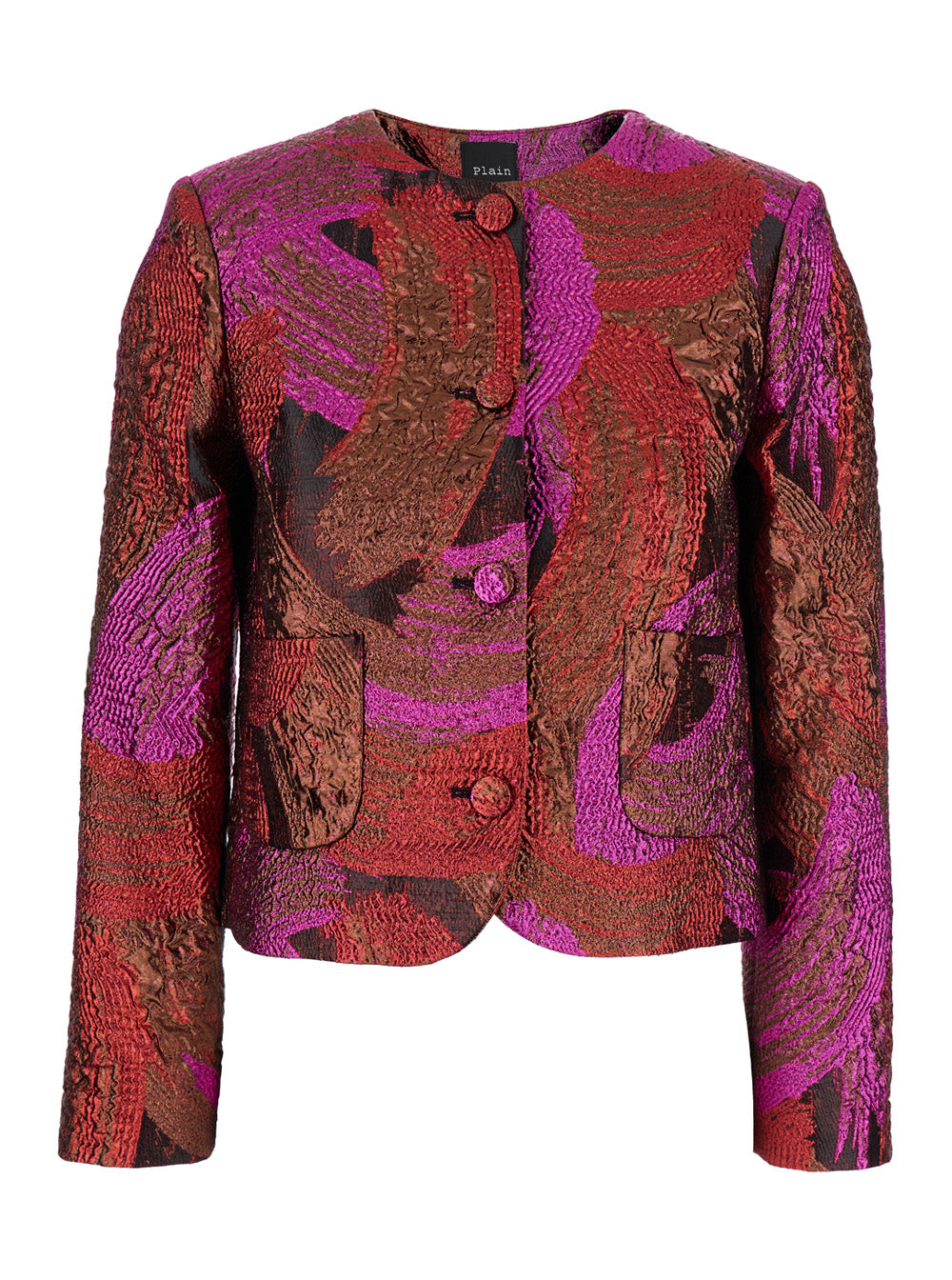 Fuchsia Collarless Jacket with All-Over Broccato Motif in Tech Fabric Woman Fuxia Metallic Fibers Polyester Blazers