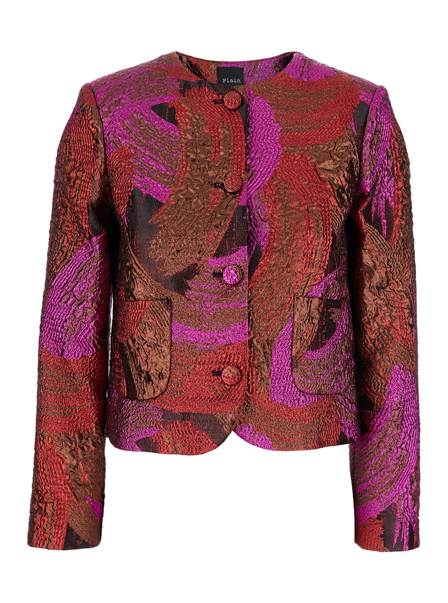 Fuchsia Collarless Jacket With Broccato Motif Metallic Fibers Blazers