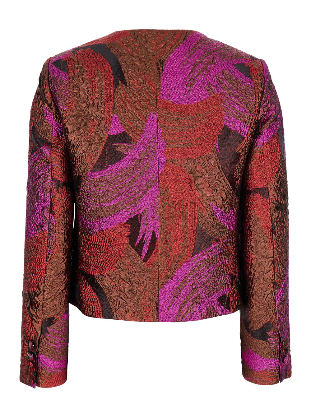 Fuchsia Collarless Jacket with All-Over Broccato Motif in Tech Fabric Woman Fuxia Metallic Fibers Polyester Blazers