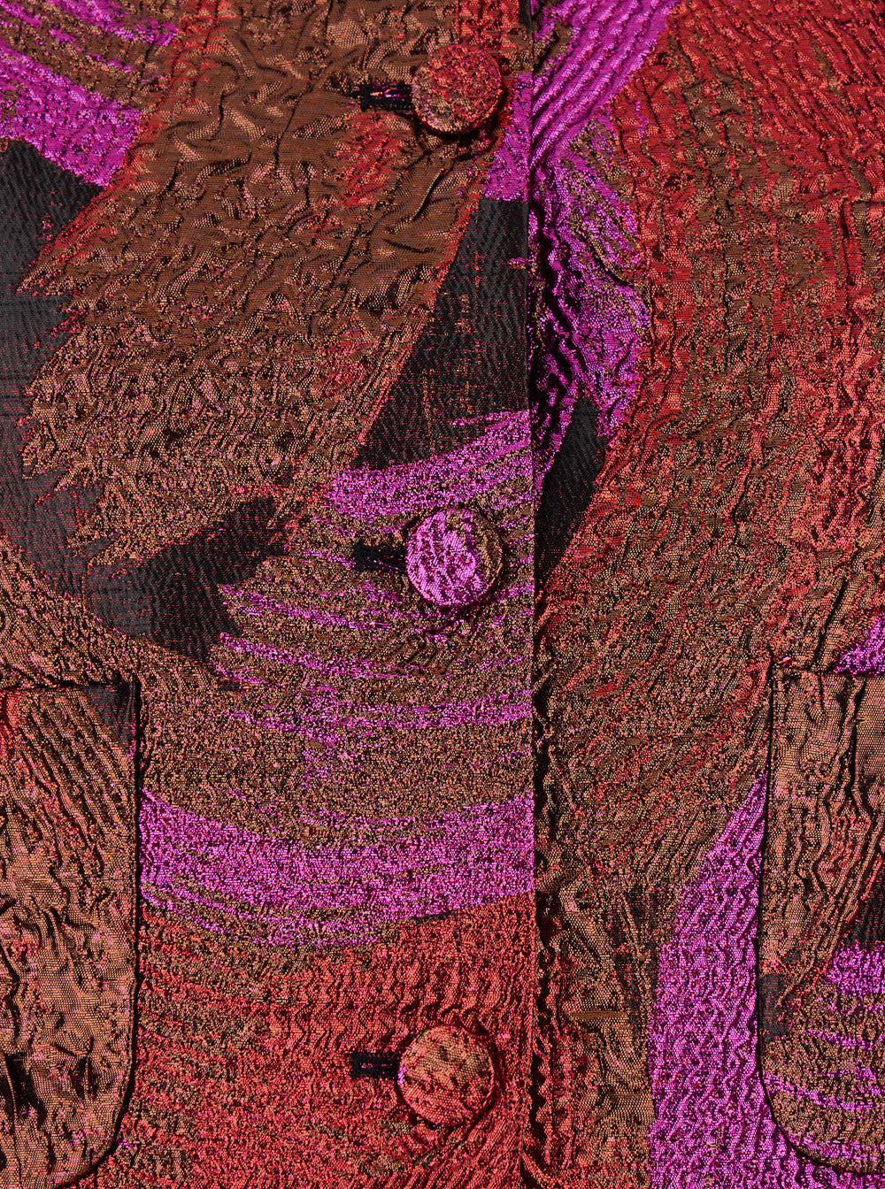 Fuchsia Collarless Jacket with All-Over Broccato Motif in Tech Fabric Woman Fuxia Metallic Fibers Polyester Blazers