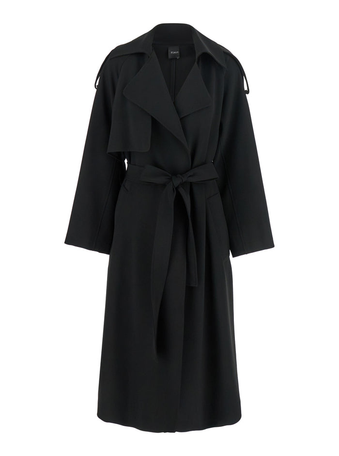 Black Double-Breasted Trench Coat with Matching Belt in Cady Woman Polyester Elastane Outerwear