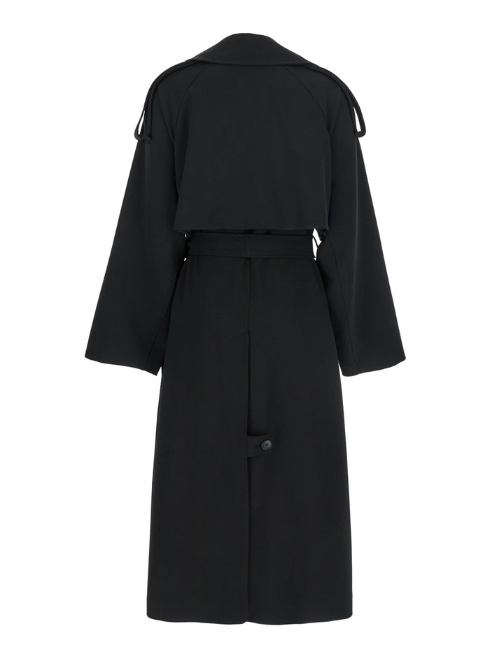 Black Double-Breasted Trench Coat with Matching Belt in Cady Woman Polyester Elastane Outerwear