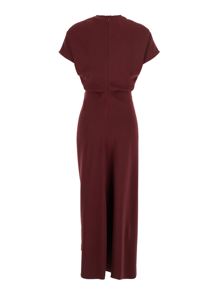 Bordeaux Dress with V Neck and Short Sleeves in Tech Fabric Woman Polyester Long