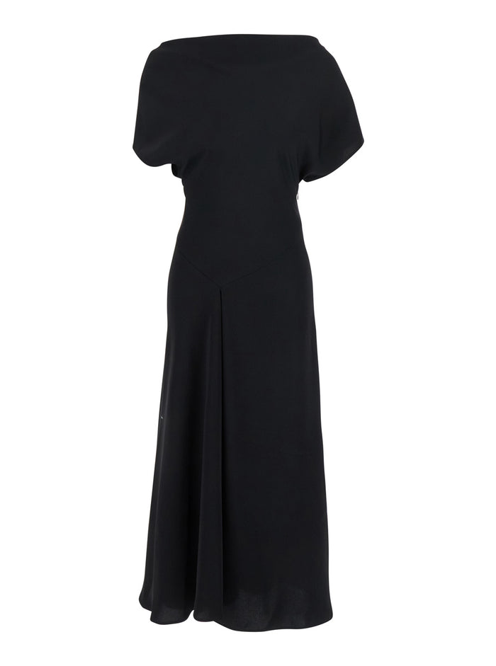 Black Long Dress with Square Neckline and Short Sleeves in Tech Fabric Woman Polyester