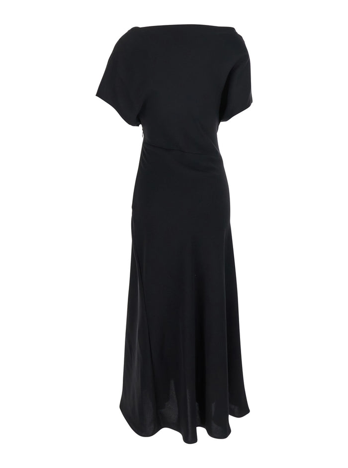 Black Long Dress with Square Neckline and Short Sleeves in Tech Fabric Woman Polyester