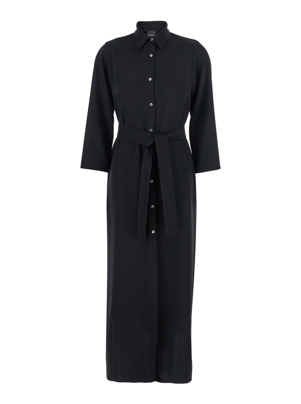 Black Long Dress With Classic Collar Fabric